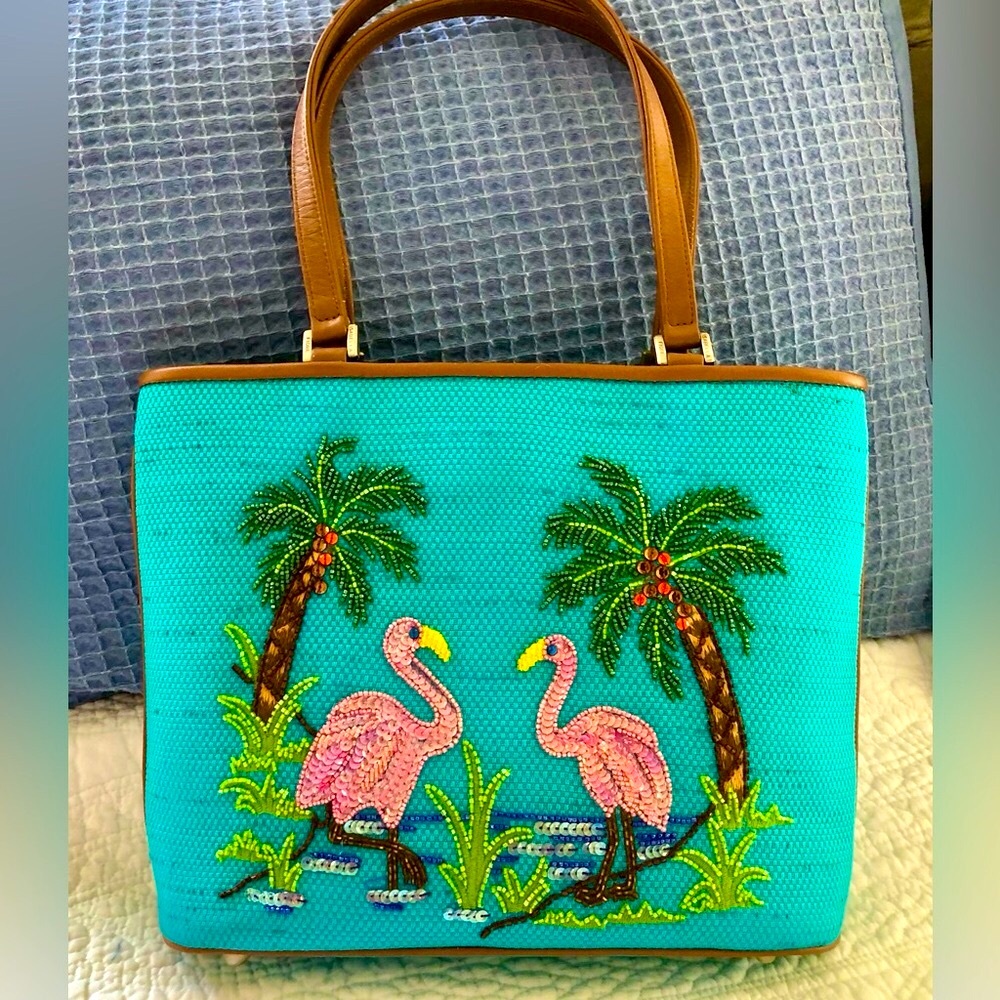 Isabella Fiore Turquoise Tote with Pink Flamingo Beadwork
